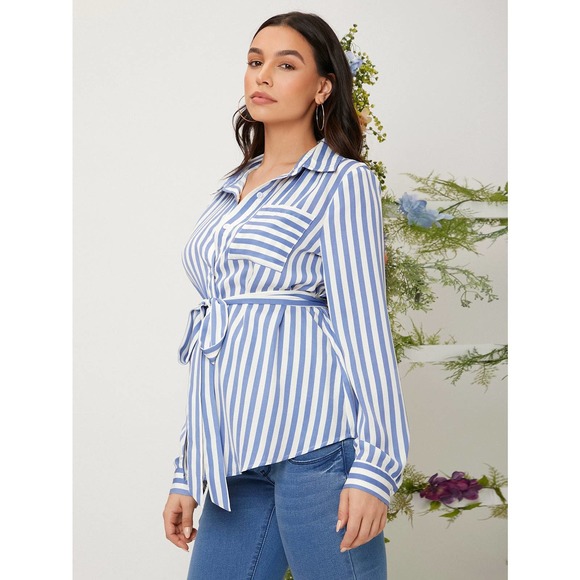 Maternity Striped Patched Pocket Belted Blouse - Picture 5 of 7